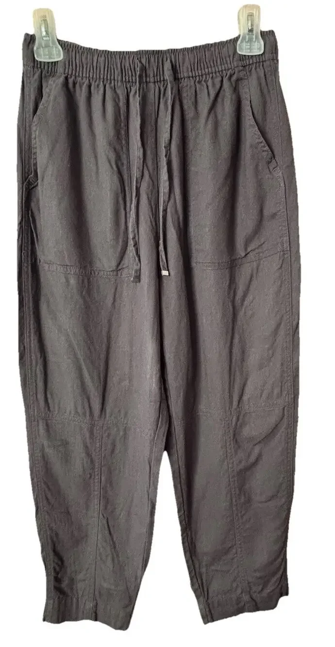 ZARA women’s Draw String Elastic Ankle Pants Linen Viscose Gray Small Beach